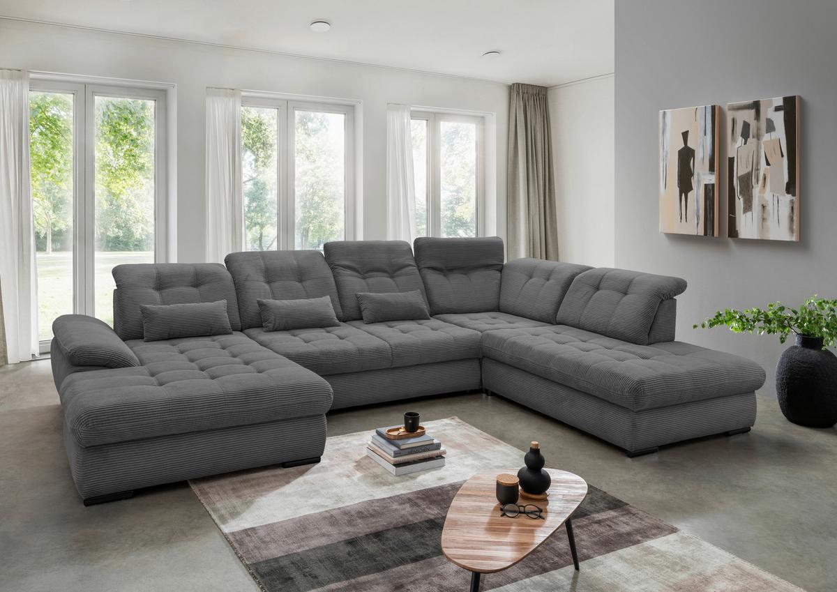Wohnlandschaft mit Bettkasten Rigatti Grau B: 387 cm - Schwarz/Grau, MODERN, Textil (184/387/252cm) - Livetastic