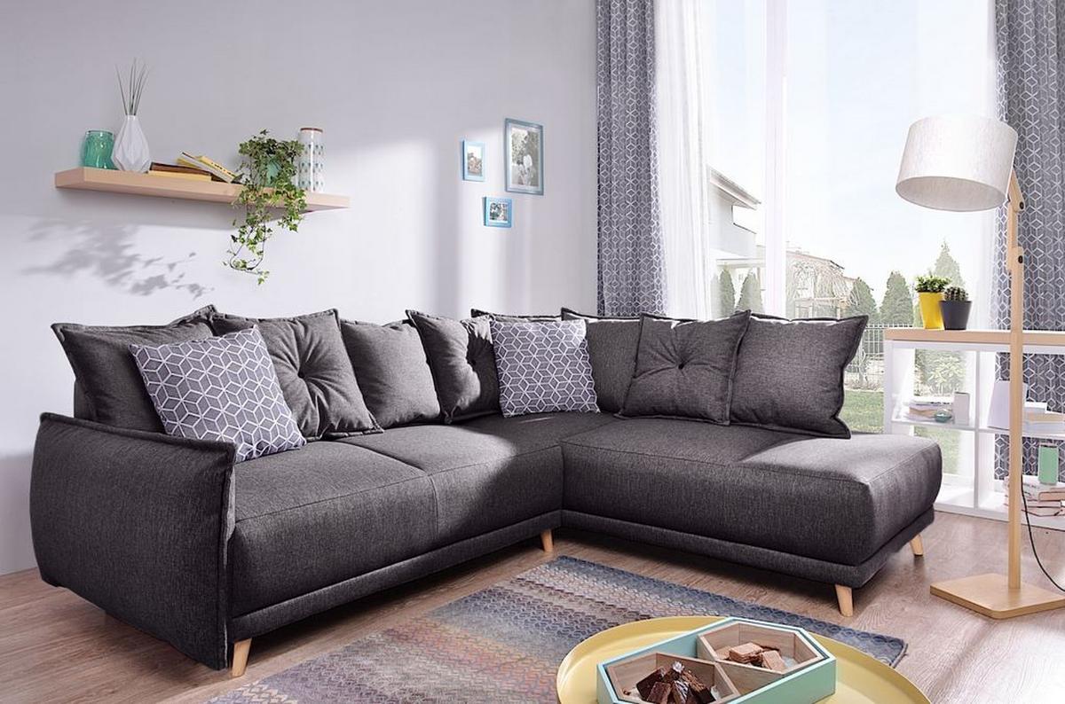 Rozkladacia rohová sedačka LUKAS tmavosivá - svetlosivá/farba borovice, Basics, drevo/textil (235/190cm) - MID.YOU