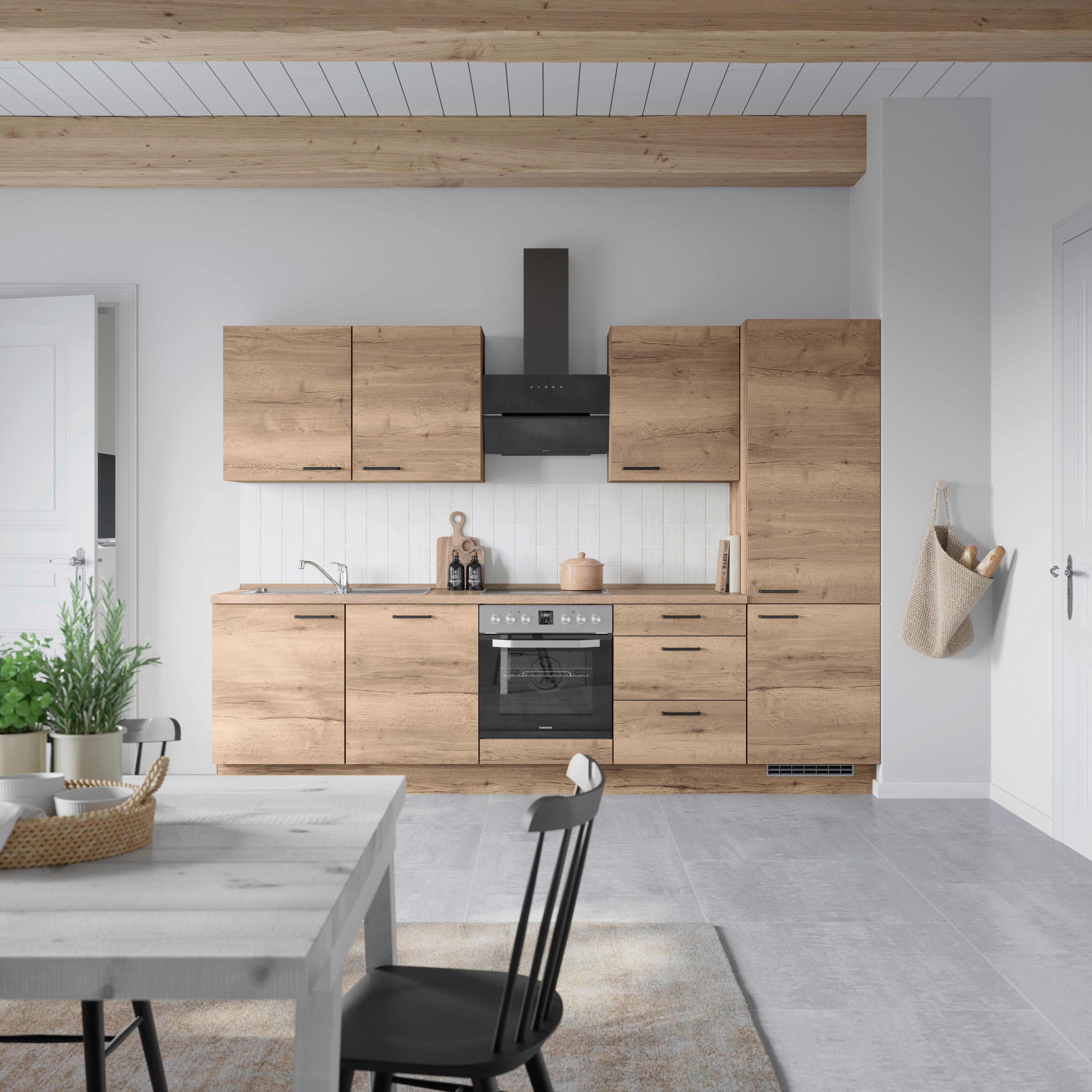 Kuchyňská linka 300 cm, dekor dub Havanna - černá/tmavý dub, Moderní, kov/kompozitní dřevo (300cm) - Nobilia
