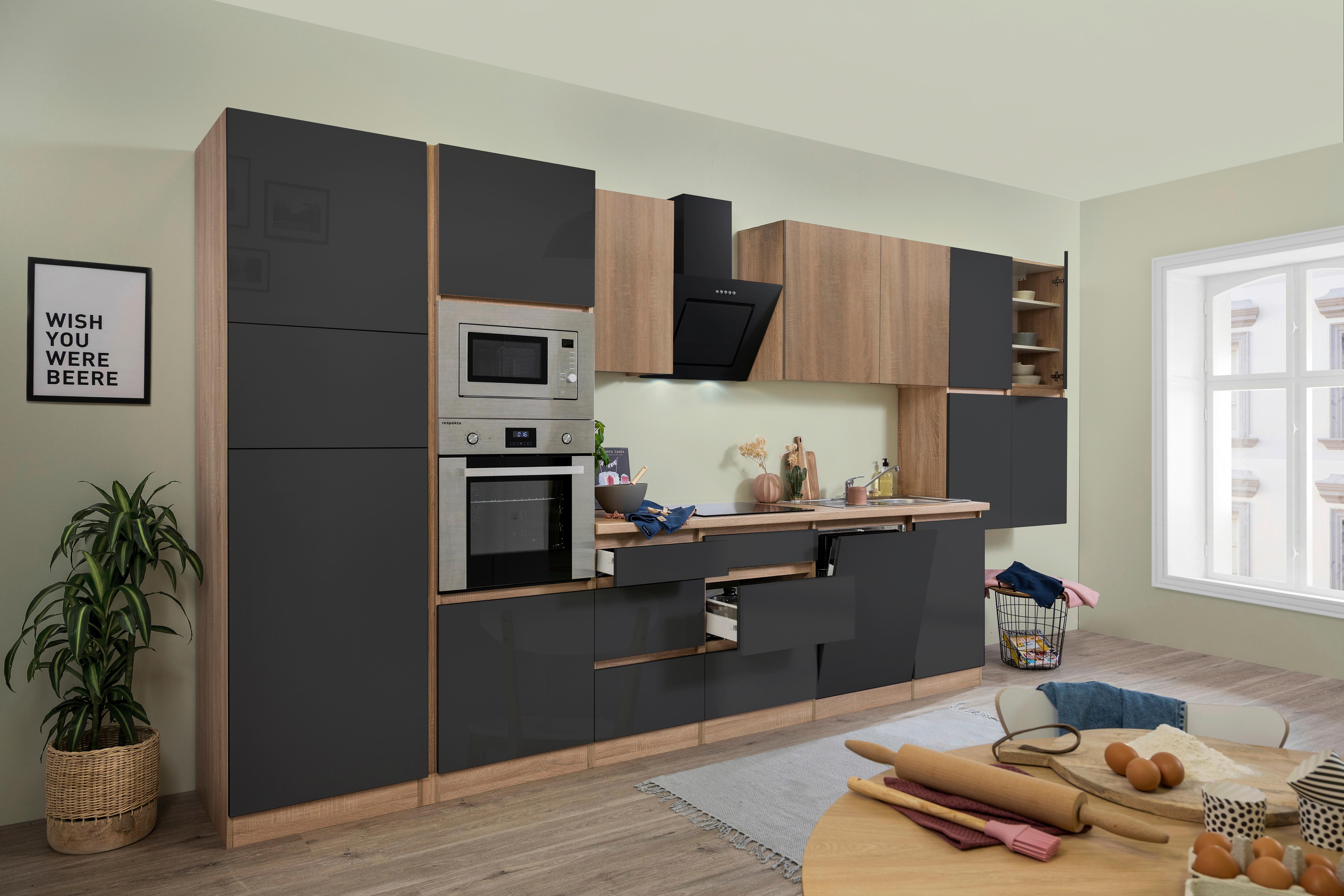 Küchenzeile Premium mit Geräten 445 cm Grau/Eiche Dekor - Eichefarben/Grau, Basics, Holzwerkstoff (445cm) - Respekta