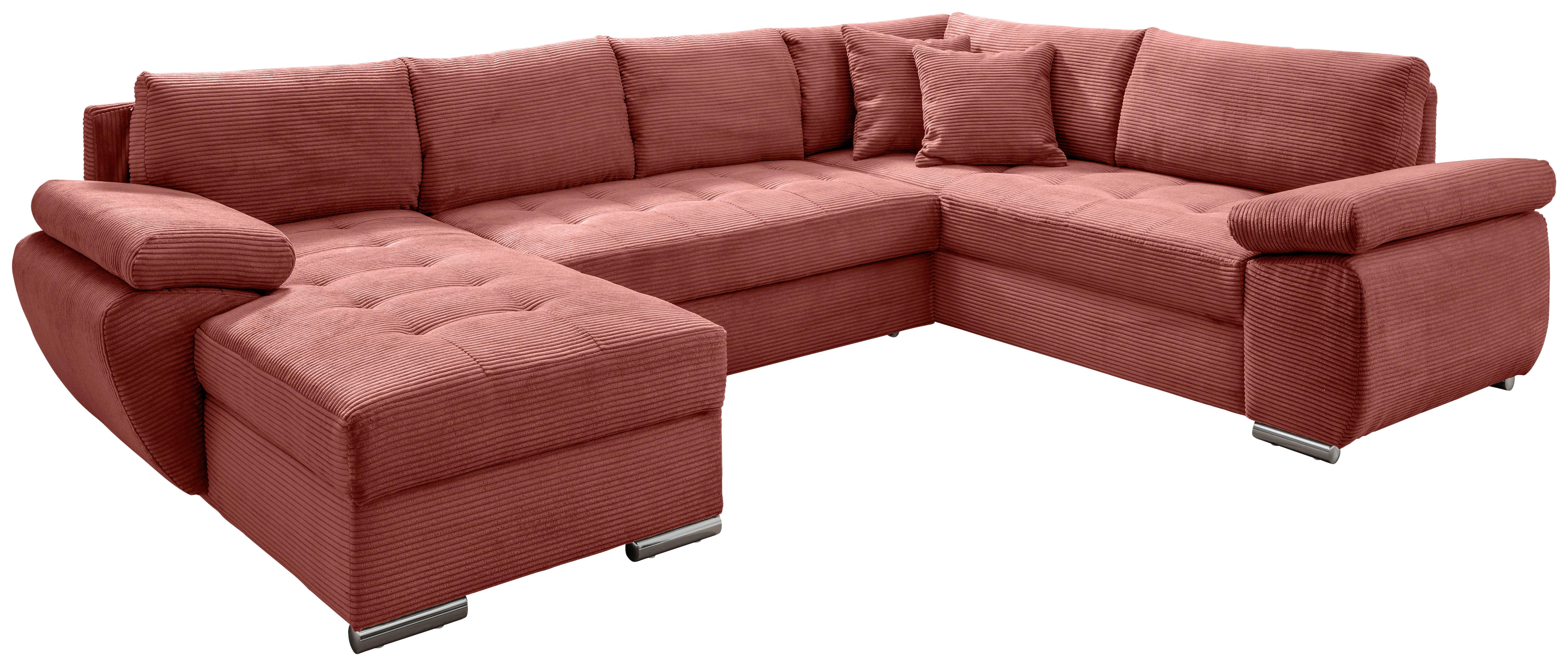 Wohnlandschaft Terana mit Schlaffunktion, Koralle - Chromfarben/Koralle, KONVENTIONELL, Textil (157/305/219cm) - Livetastic