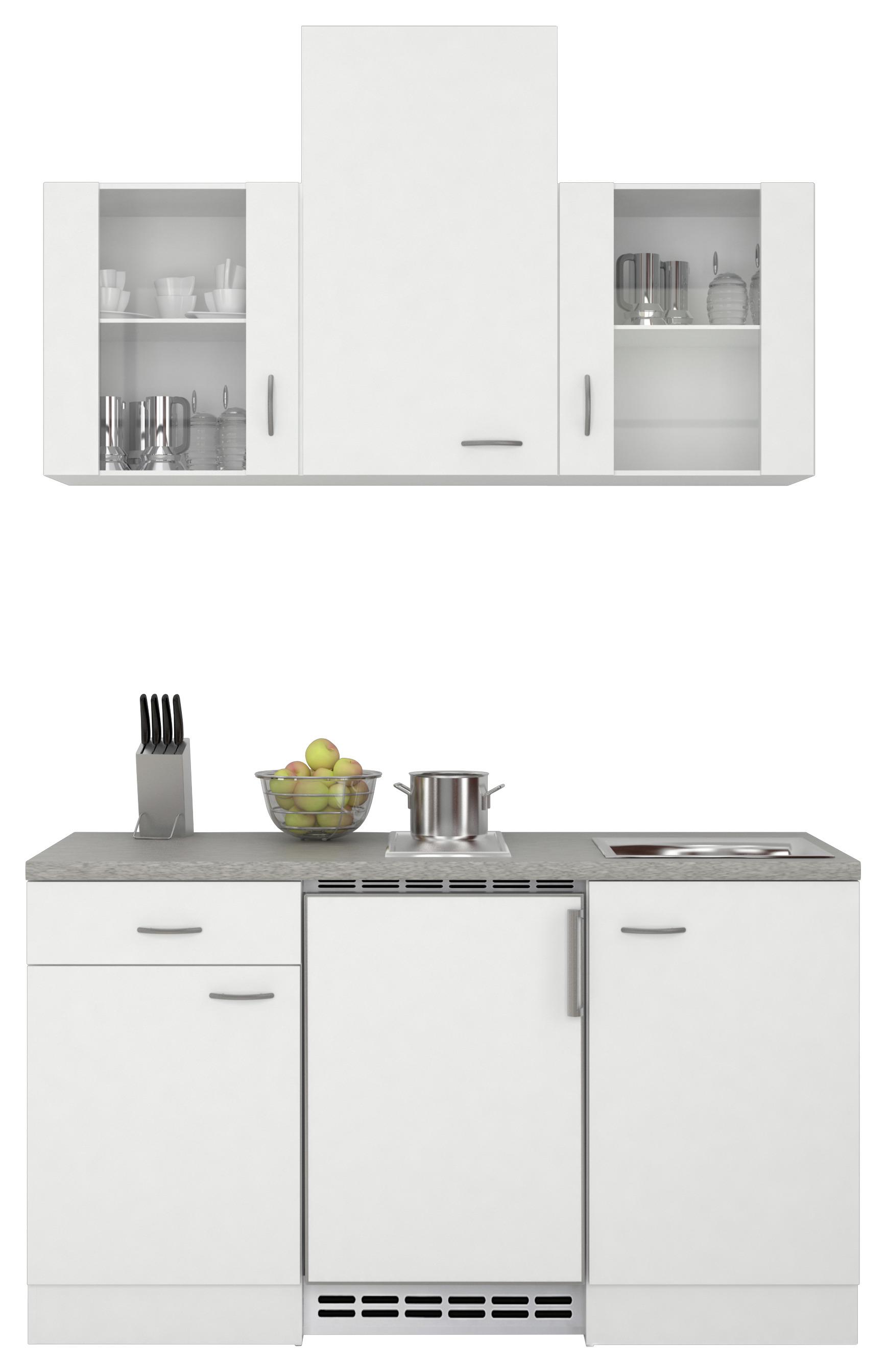 Miniküche mit Kühlschrank + Kochfeld 150cm Weiß/Grau Dekor - Weiß/Grau, MODERN, Glas/Holzwerkstoff (150cm) - FlexWell