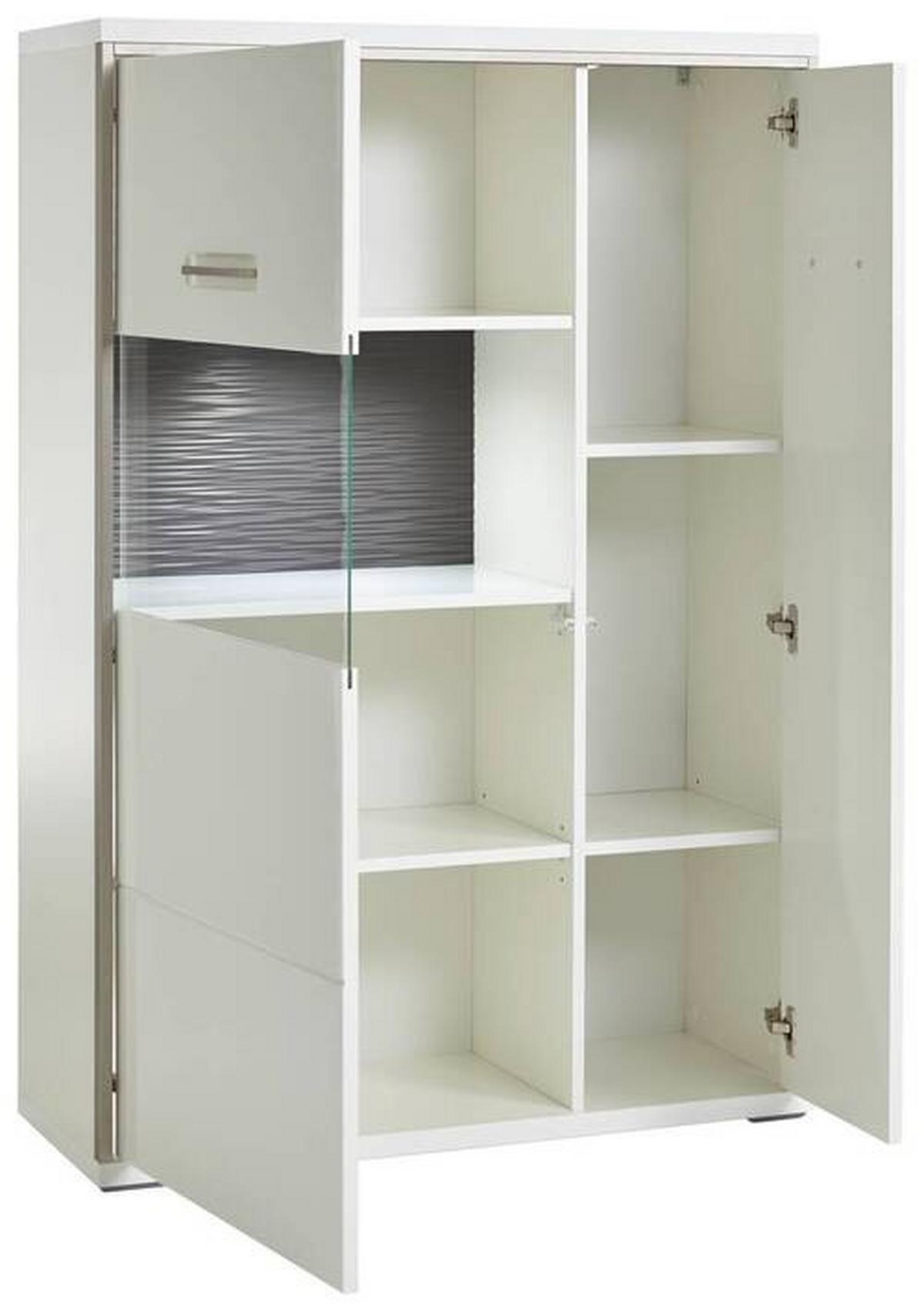 Highboard B: 94 Trento Grau/Silberfarben/Weiß - Weiß Hochglanz/Silberfarben, Design, Glas/Holzwerkstoff (94/137/38cm) - Livetastic