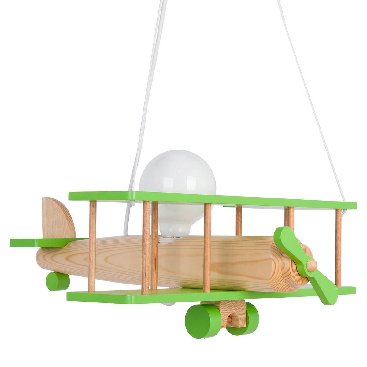 Kinderhängeleuchte Flugzeug H: 75 cm 1-Flammig - Naturfarben/Grün, KONVENTIONELL, Holz (42/45/75cm)