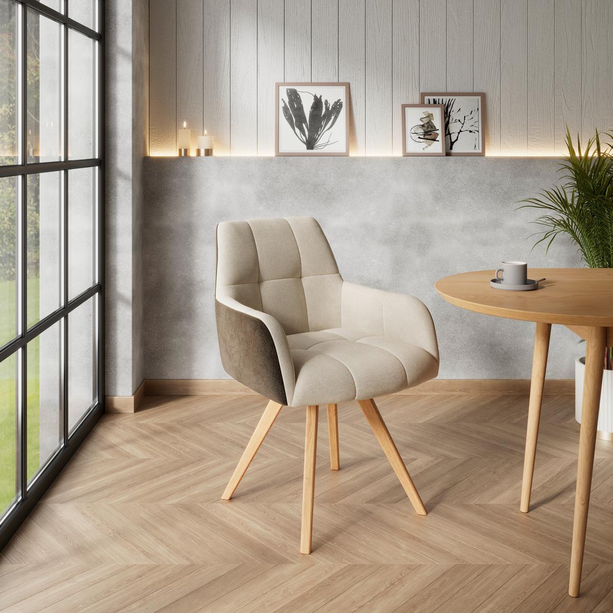 Armlehnstuhl Elke beige Eiche massiv, drehbar, B: 61cm - Creme/Braun, KONVENTIONELL, Holz/Textil (61/88/66,5cm)