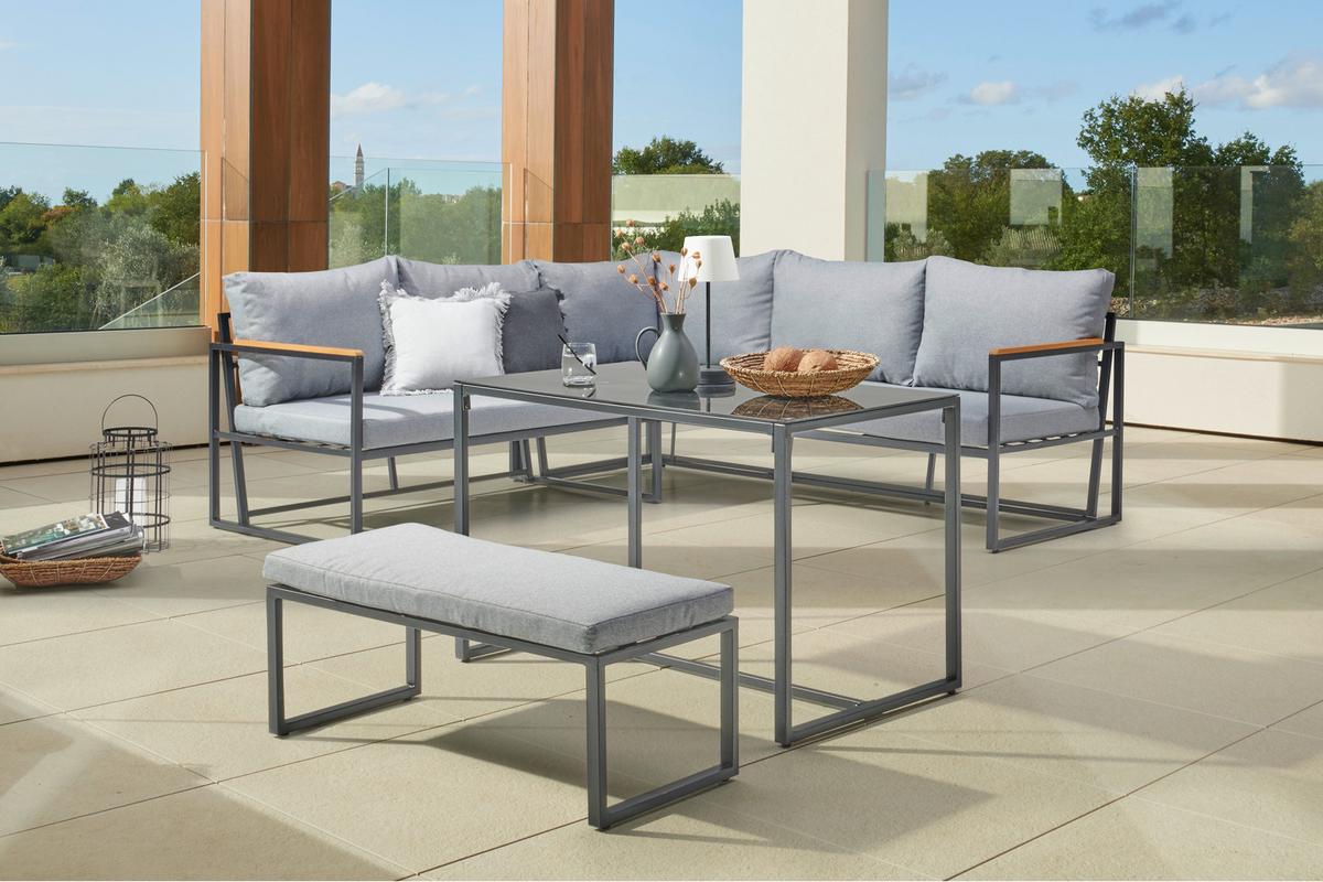 Loungegarnitur 3-tlg. Catania Stahl/holz/textil Mit Kissen - Schwarz/Grau, MODERN, Glas/Holz (206/206cm) - Beldano