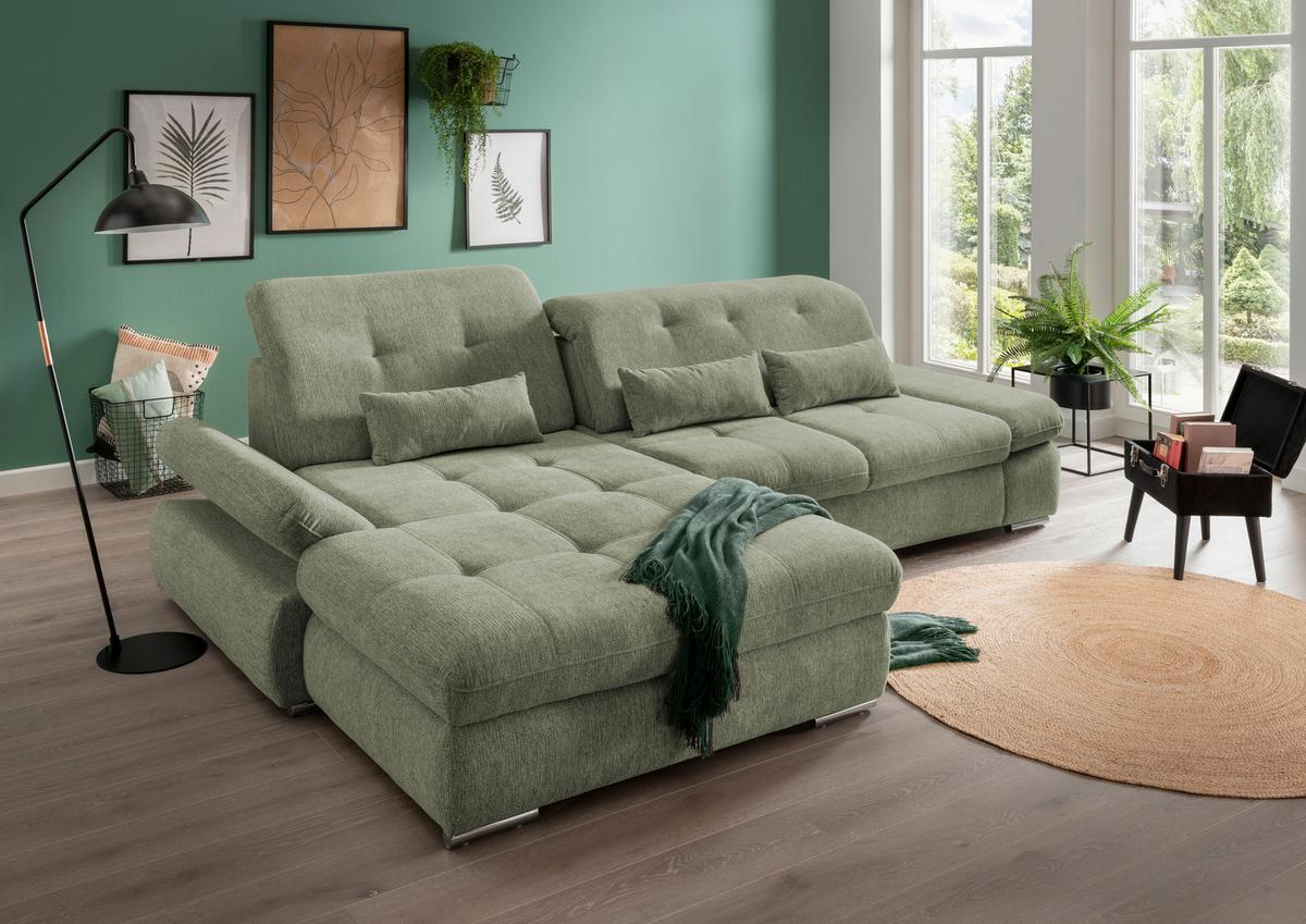 Ecksofa Mit Schlaffunktion Dalida Grün Chenille - Chromfarben/Grün, Design, Textil (196/300cm) - Livetastic