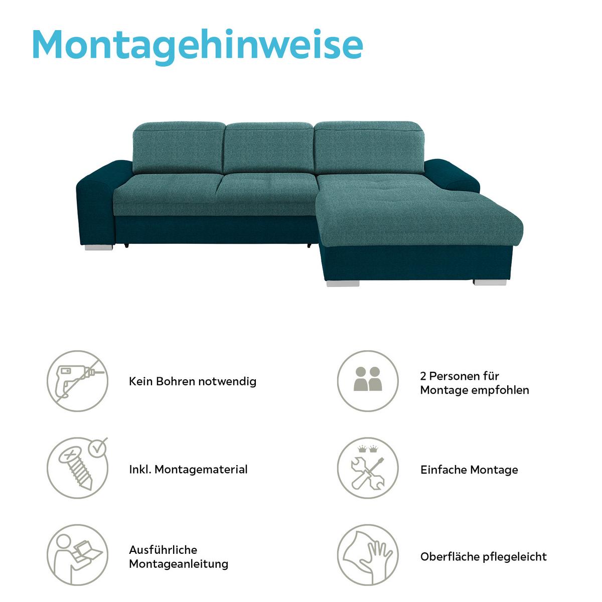 Ecksofa Mit Schlaffunktion + Bettkasten Malaga, Webstoff - Türkis/Blau, KONVENTIONELL, Textil (286/203cm) - Ondega