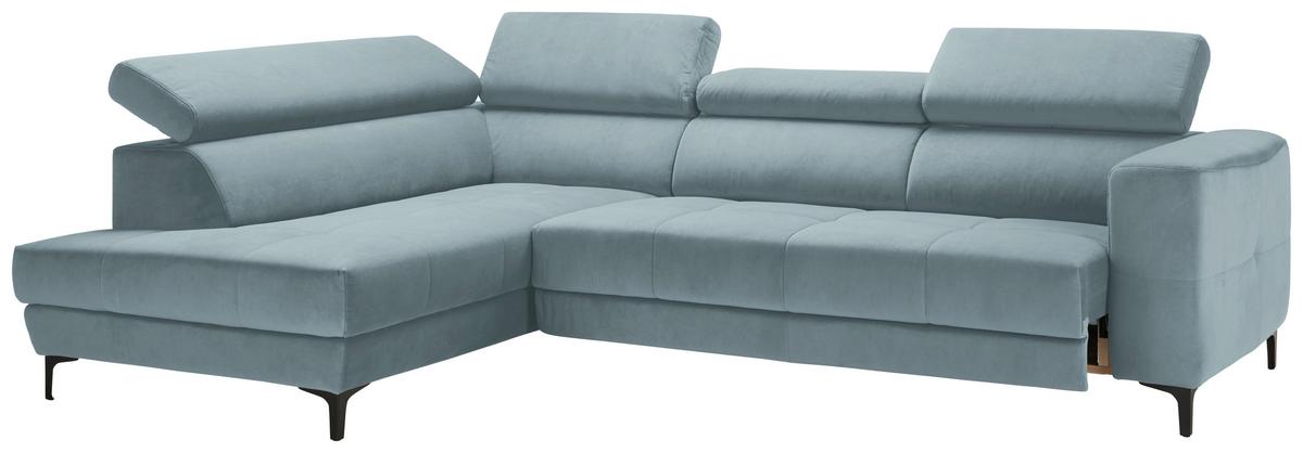 Rohová sedačka EMMA, levá, sv.modrá,op.hl.,USB,el.výsuv - černá/světle modrá, Moderní, textil (210/301cm) - Premium Living