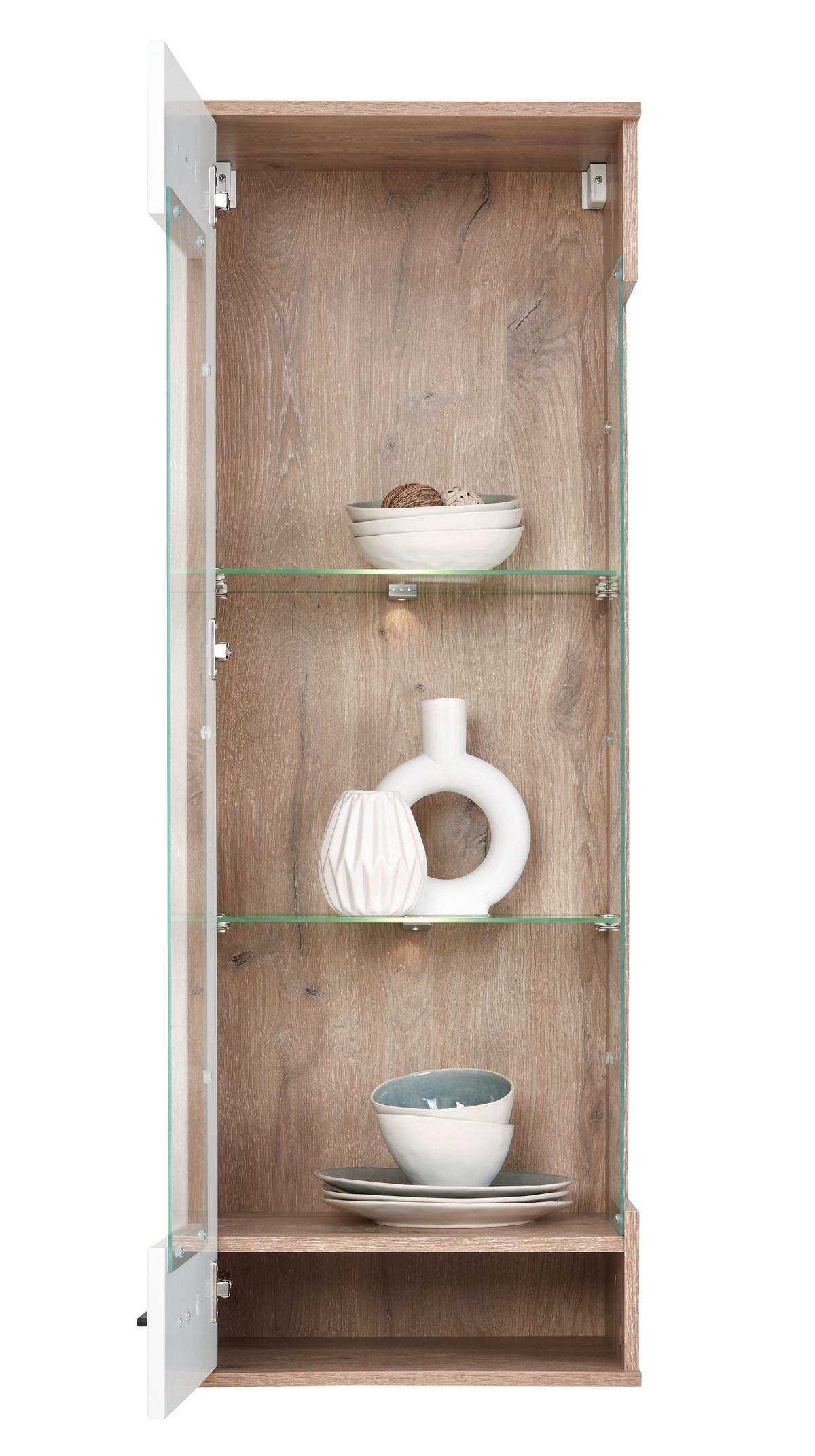 ZÁVĚSNÁ VITRÍNA LIVERPOOL - bílá/barvy dubu, Moderní, kov/kompozitní dřevo (45/129/38cm)