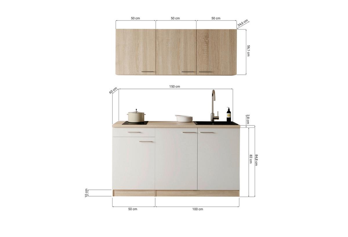 MINIKÜCHE Ingrid, Weiß B: 150 cm - Eichefarben/Weiß, Design, Holzwerkstoff (150cm) - Respekta