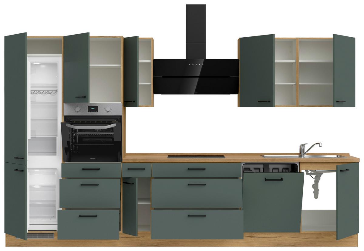 Kuchyňská linka 360 cm, minerální zelená,ultra matná - barvy dubu/černá, Moderní, kov/kompozitní dřevo (360cm) - Nobilia