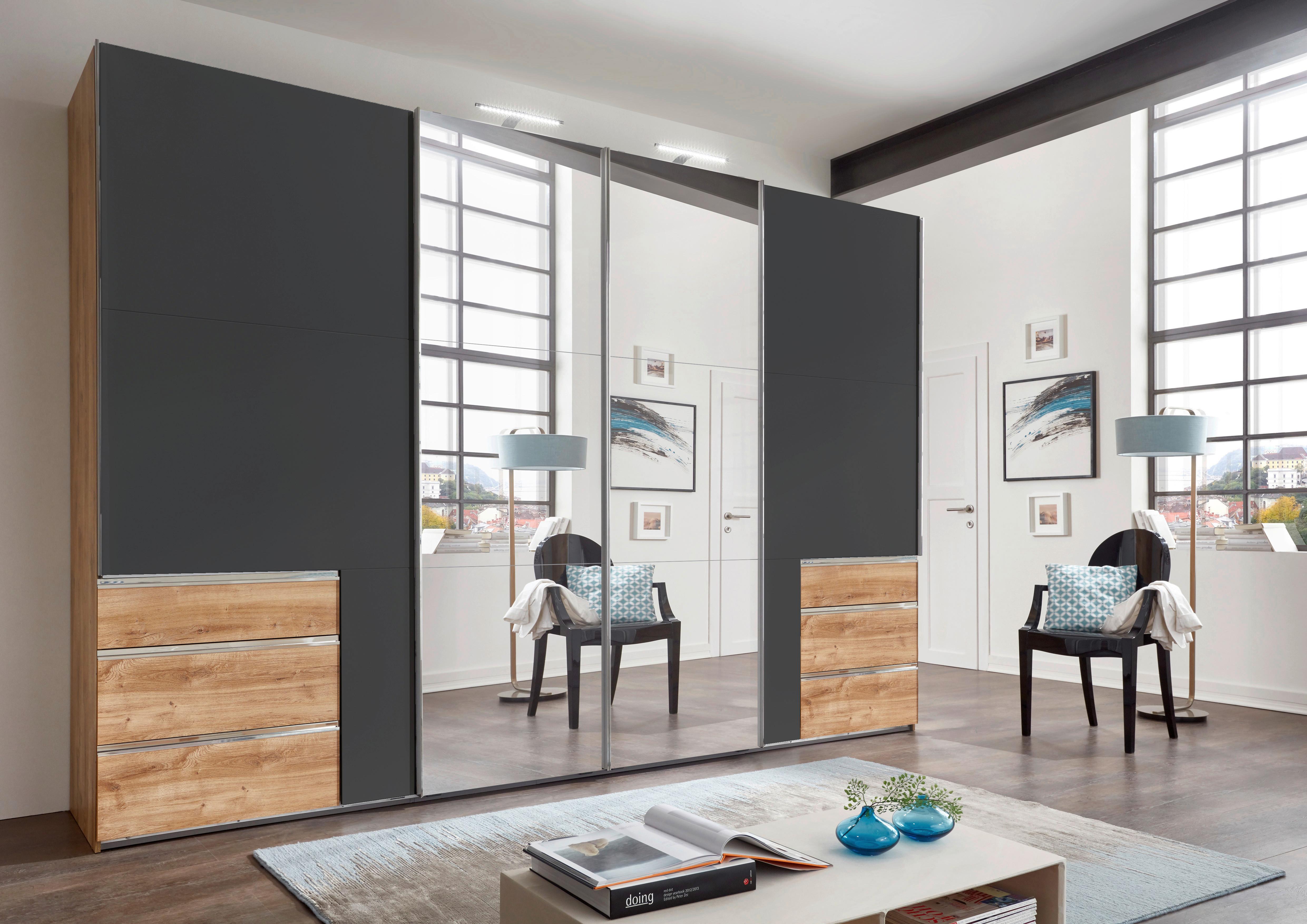 Schwebetürenschrank Level 36 A Graphit/Eiche/Spiegel, B:350cm - Eichefarben/Graphitfarben, Basics, Glas/Holzwerkstoff (350/216/65cm) - MID.YOU