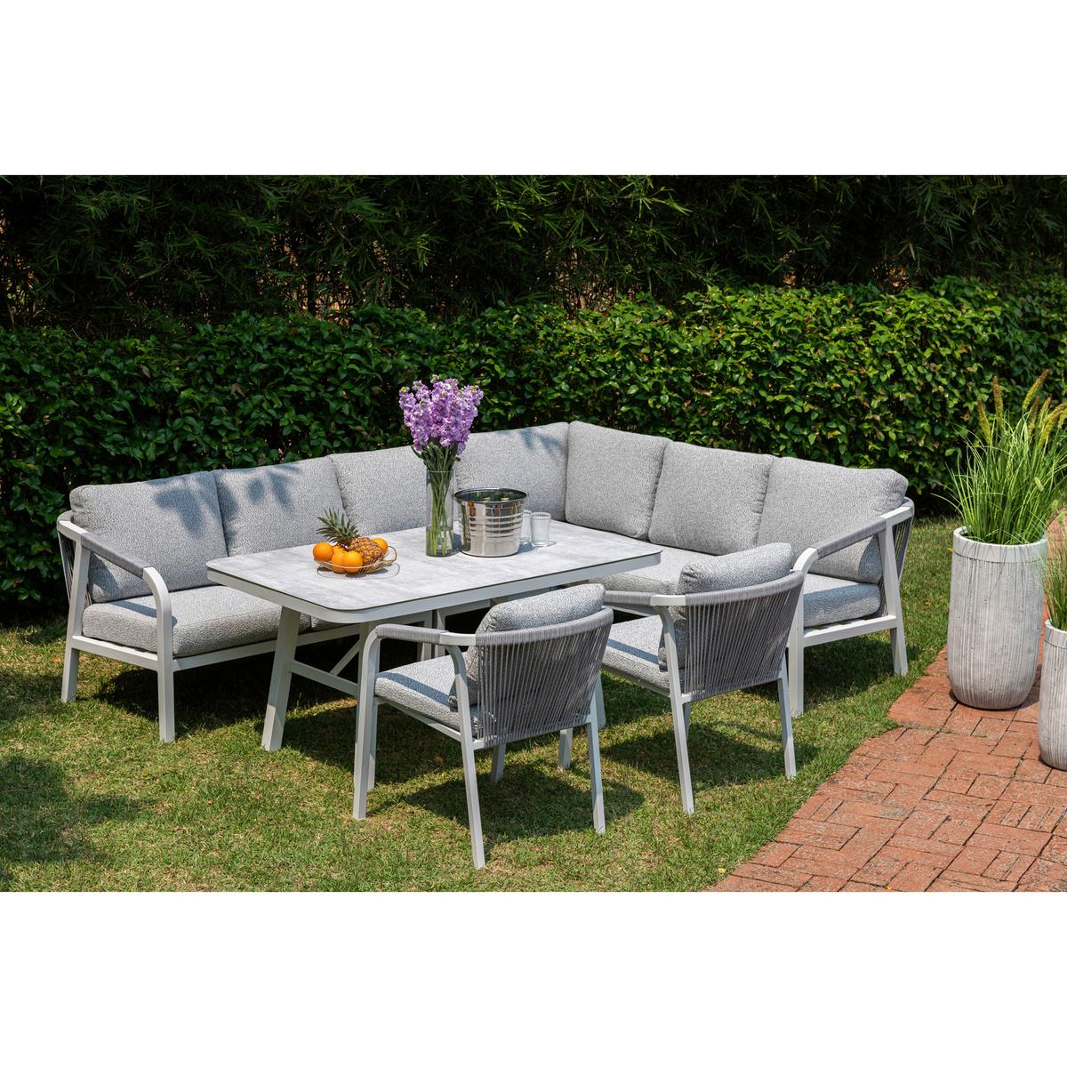 DINING-LOUNGESET HARVEY XL - Weiß/Grau, MODERN, Glas/Textil - Gardenson