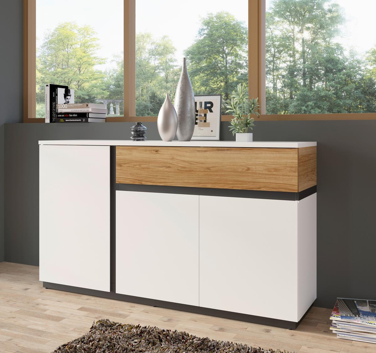 Sideboard Novena Alpinweiß B: 154,8 cm - Eichefarben/Schwarz, Trend, Holzwerkstoff (154,8/87,3/40cm)