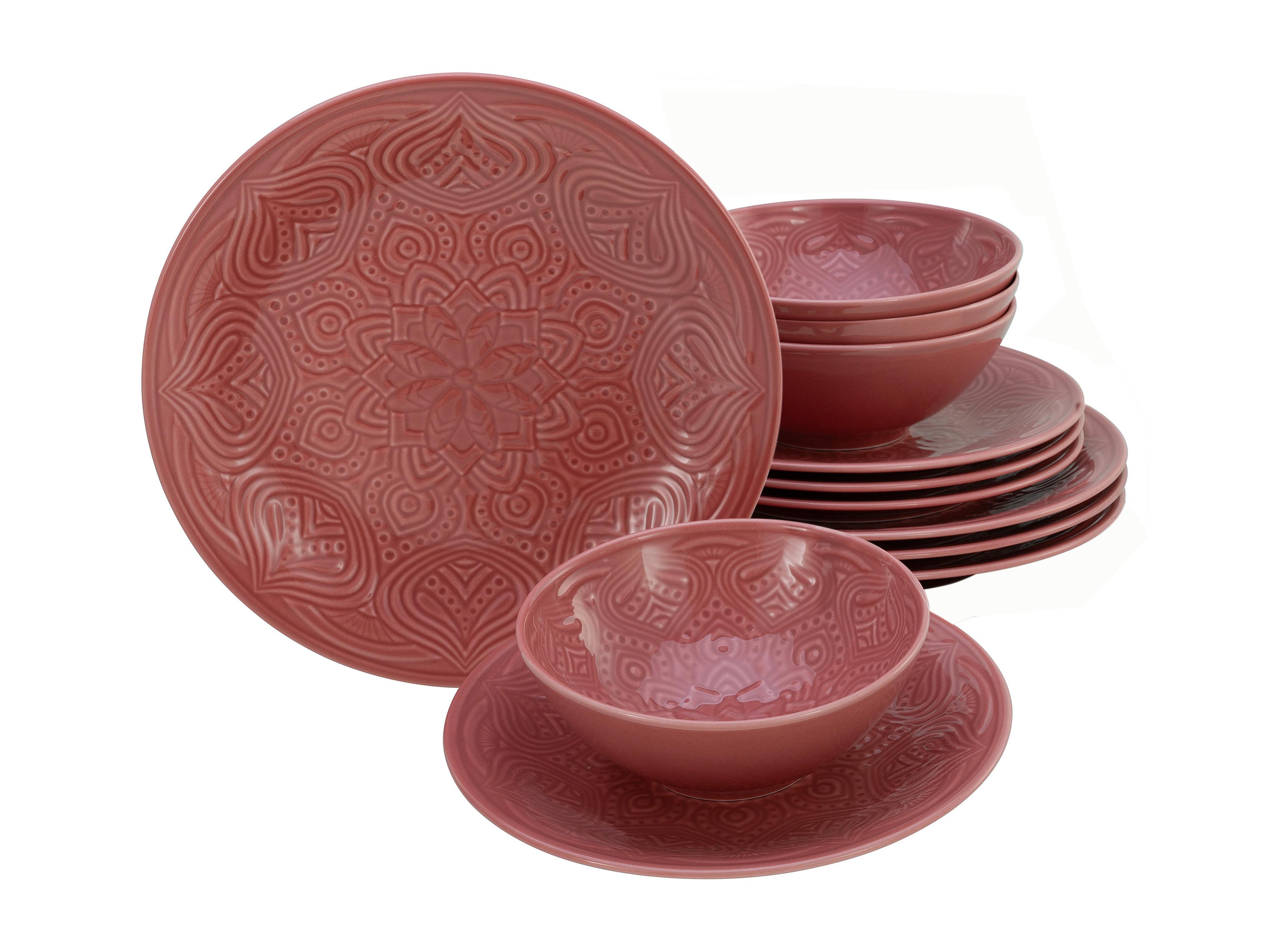 Jedálenský servis ORIENT MANDALA, 12-dielny - tmavoružová, Trend, keramika - Creatable