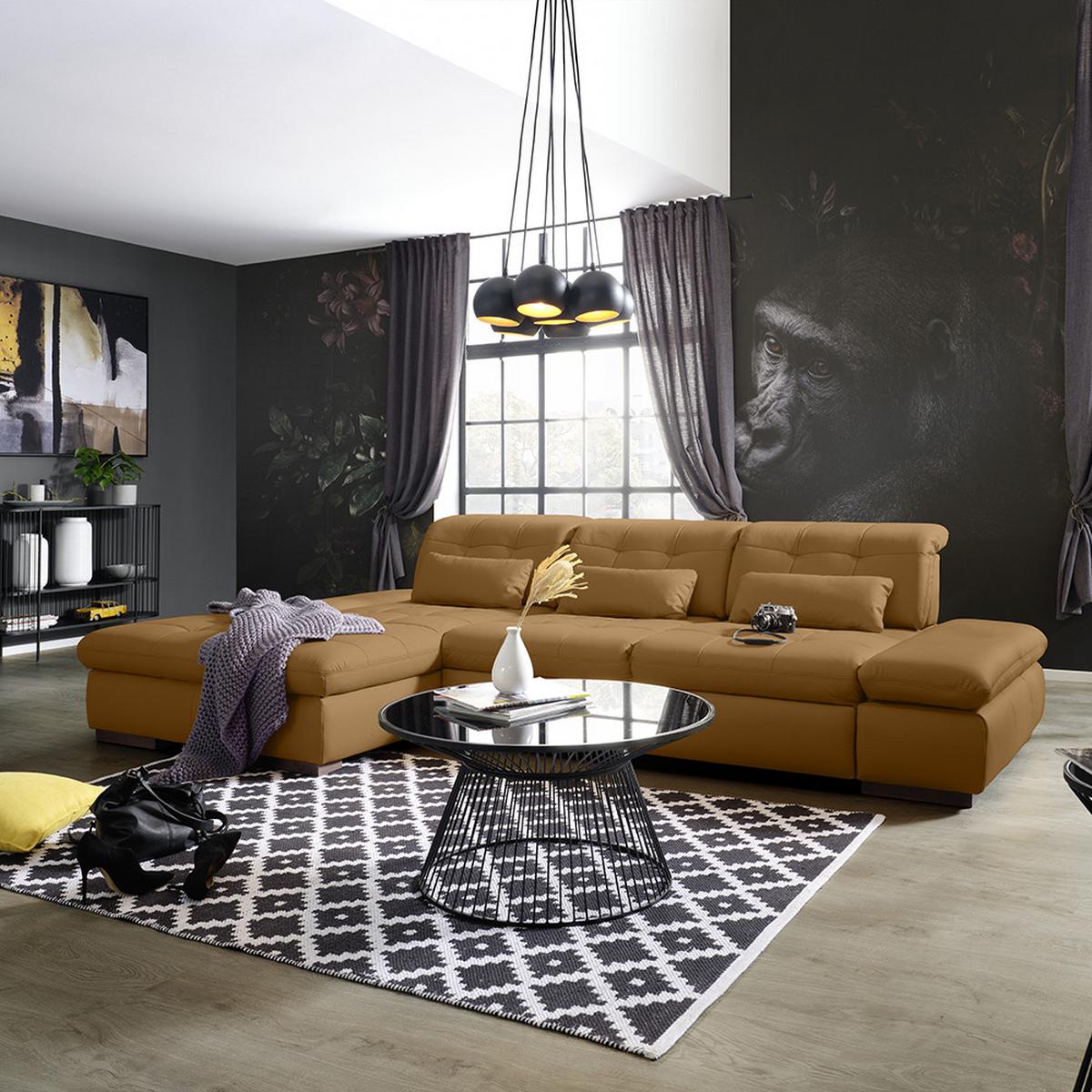 Rohová sedačka SANFINO, ľavá, tmavooranžová pravá koža - tmavooranžová/chrómová, Konventionell, kov/koža (199/79-96/305cm) - Premium Living