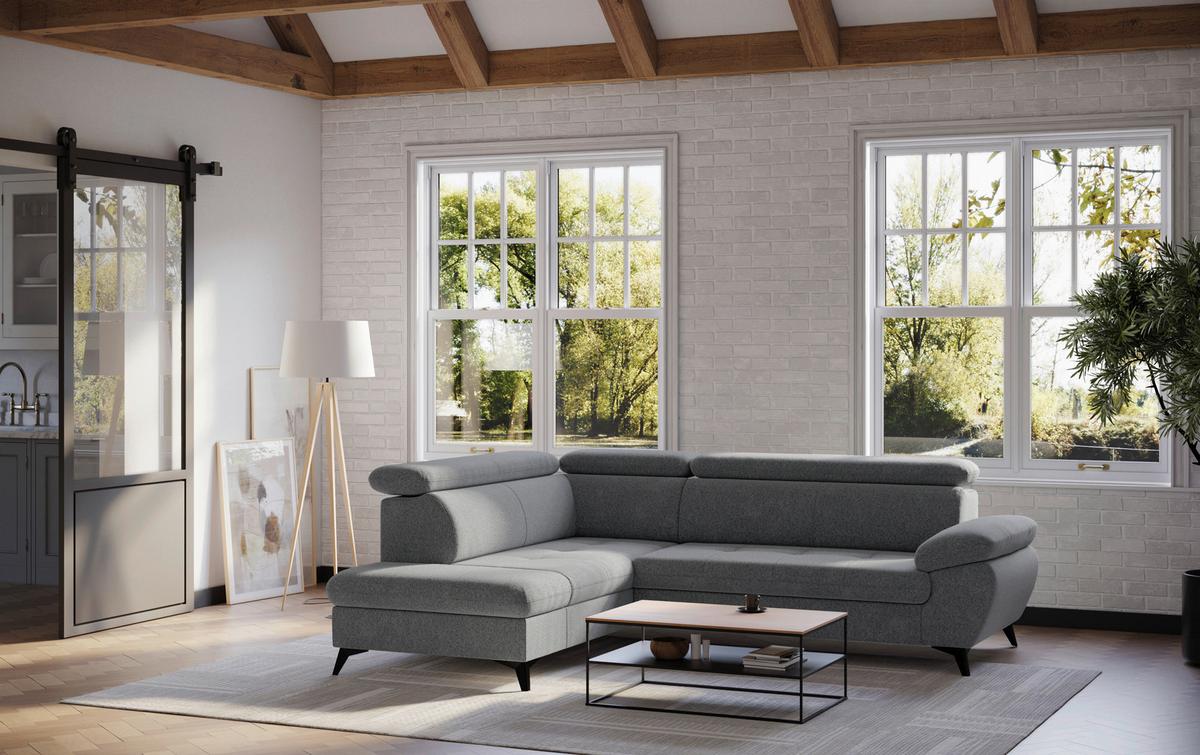 Ecksofa mit Bettfunktion Hudson, Chenille Dunkelgrau - Dunkelgrau/Schwarz, KONVENTIONELL, Textil (207/256cm) - Sembella