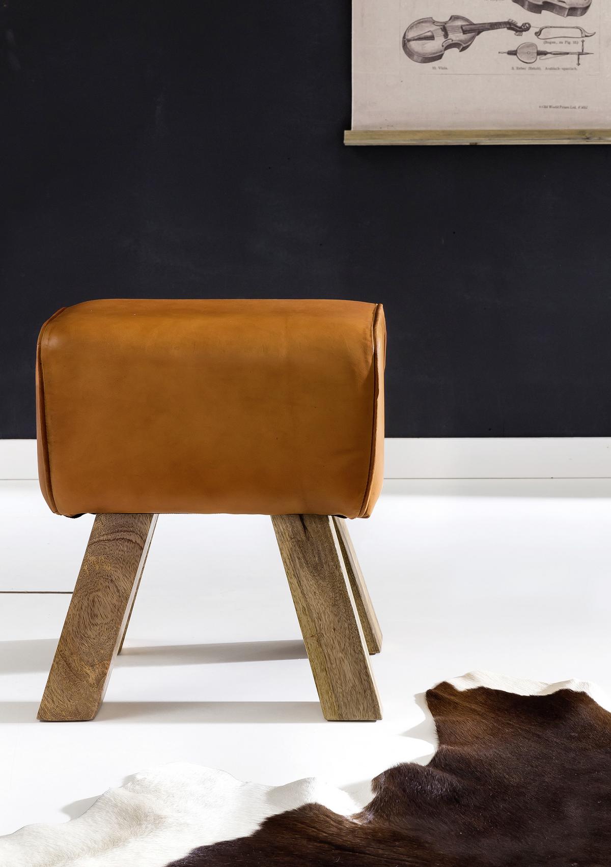 Taburet Hocker pravá kůže - hnědá, Natur, dřevo/kůže (40/47/30cm) - MID.YOU