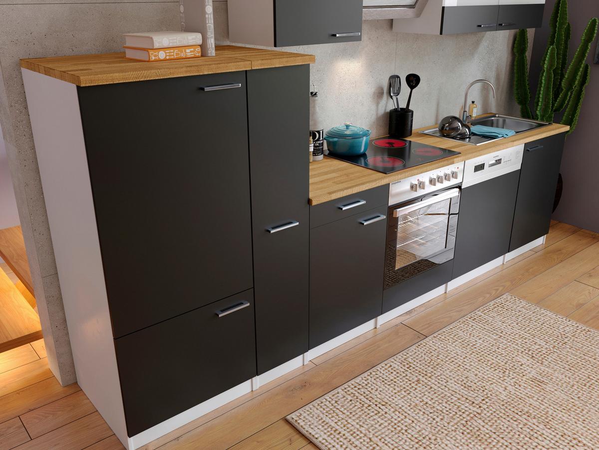 Küchenzeile Economy mit Geräten 310 cm Schwarz/Nussbaum Dekor - Nussbaumfarben/Schwarz, Basics, Holzwerkstoff (310cm) - Respekta