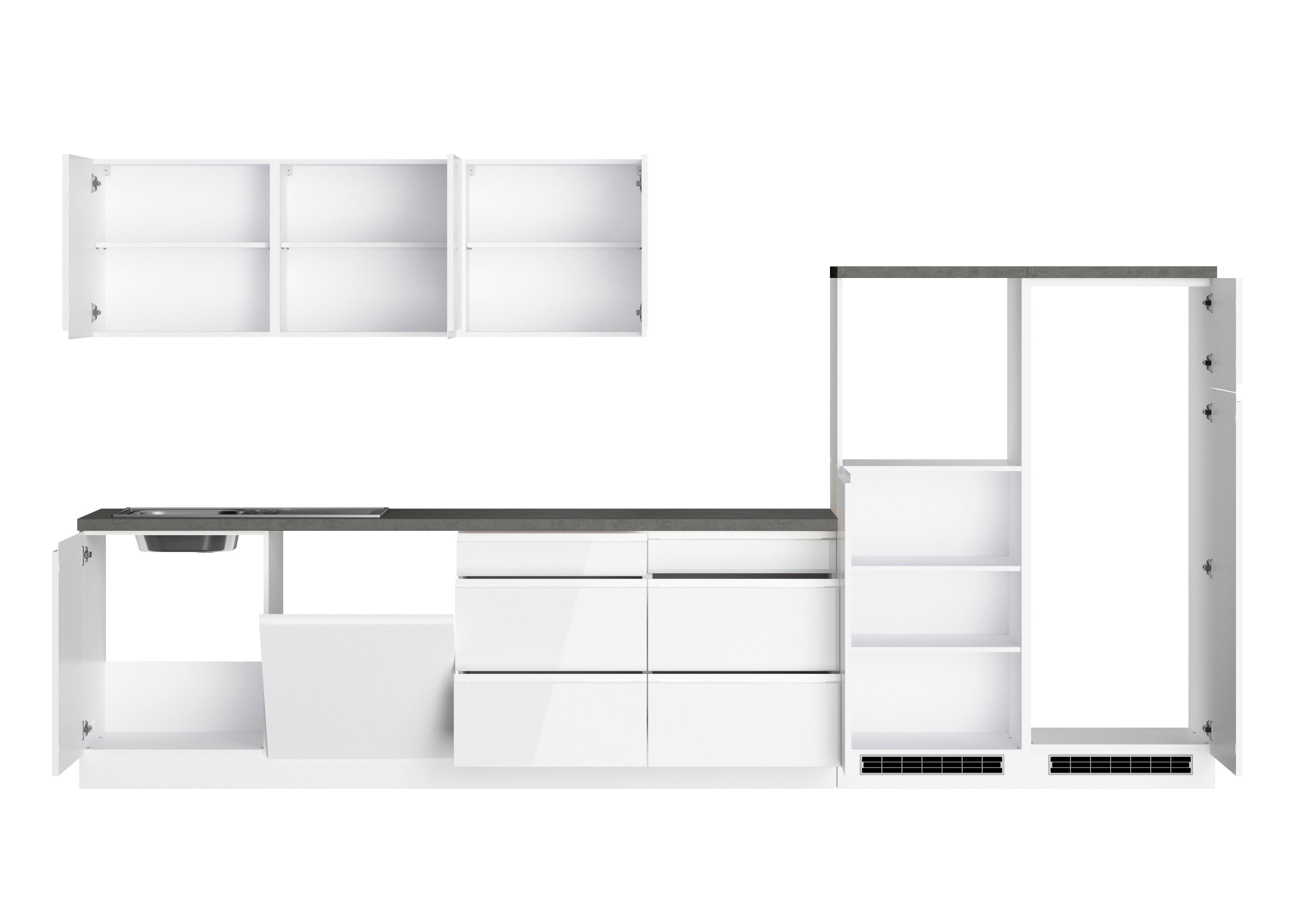 Küchenzeile Monza ohne Geräte B: 360 cm Weiß/Grau - Weiß Hochglanz/Weiß, LIFESTYLE, Holzwerkstoff (360cm) - Held