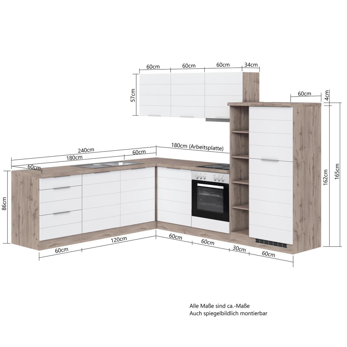 Eckküche Florenz ohne Geräte 240x270 cm Weiß/Eichefarben - Eiche Wotan/Weiß, Design, Holzwerkstoff (240/270cm) - Held