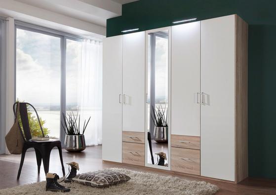 Fünftüriger Kleiderschrank in Weiß und Eiche Dekor mit Schubladen Fünftüriger Kleiderschrank in Weiß und Eiche Dekor mit Schubladen