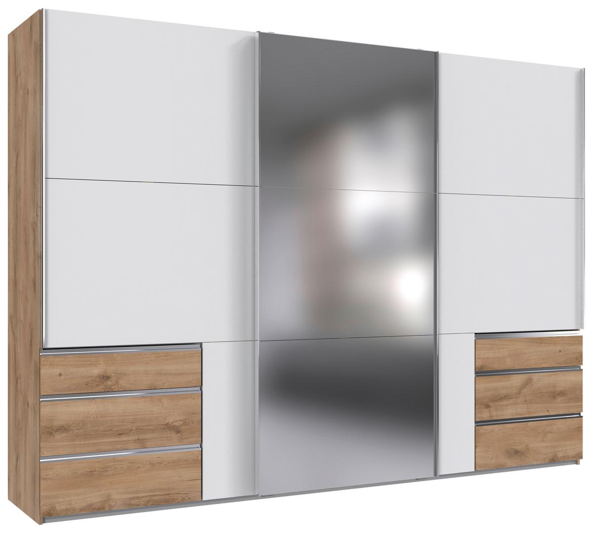 Schwebetürenschrank Level 36 A Weiß/Eiche/Spiegel, B:300cm - Eichefarben/Weiß, MODERN, Glas/Holzwerkstoff (300/216/65cm) - MID.YOU