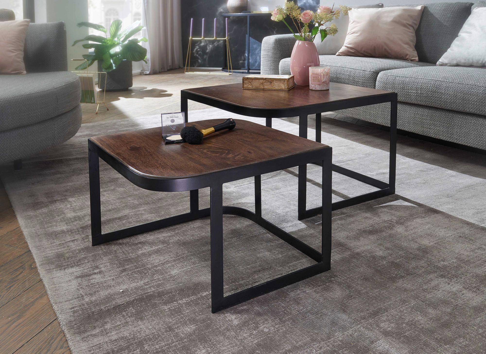 Mangoholz/Metall • Dunkelbraun • max. belastbar ca. 8-12 kg • L/B/H: ca. 60/60/40 cm • 2 Tische