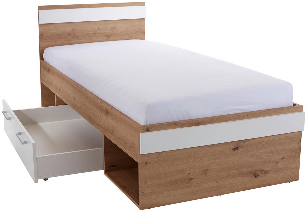 Stauraumbett 90x200 cm Box, Artisan Eiche Dekor/Weiß - Blau/Eichefarben, MODERN, Holzwerkstoff (90/200cm) - Ondega