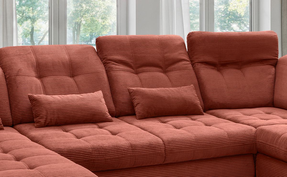 Wohnlandschaft Mit Bettkasten Rigatti Koralle B: 387 Cm - Koralle/Schwarz, MODERN, Textil (184/387/252cm) - Livetastic