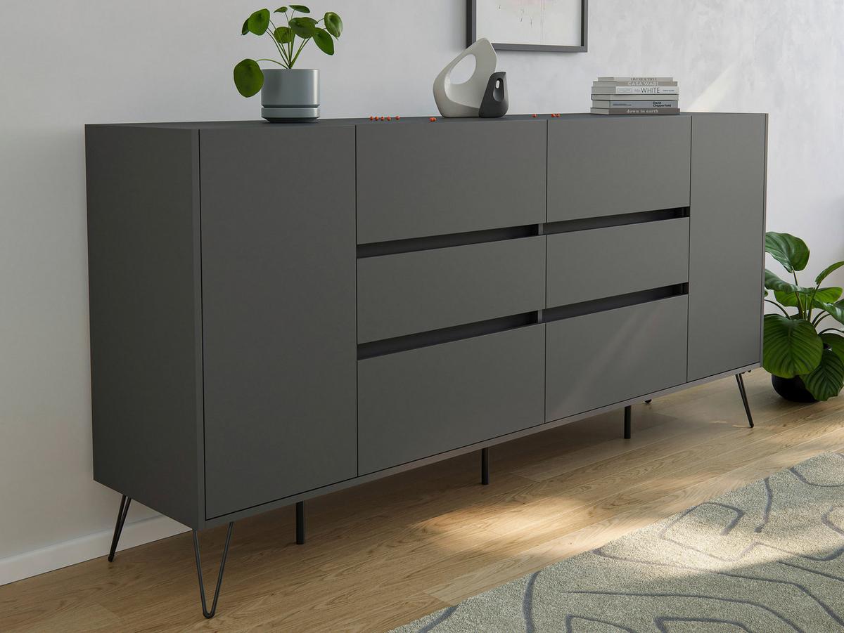 Sideboard Posseik Industrial Graphitfarben B: 199 Cm - Schwarz/Graphitfarben, Design, Holzwerkstoff (199/93,6/42cm) - P & B