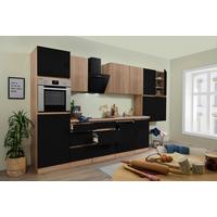 Küchenzeile Premium mit Geräten 380 cm Schwarz/Eiche Dekor - Schwarz Hochglanz/Eichefarben, Basics, Holzwerkstoff (380cm) - Respekta