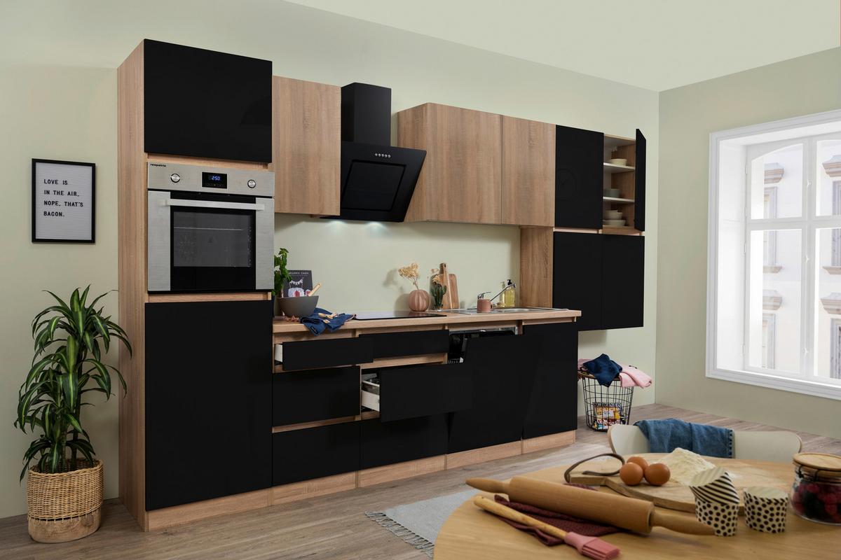 Küchenzeile Premium mit Geräten 380 cm Schwarz/Eiche Dekor - Schwarz Hochglanz/Eichefarben, Basics, Holzwerkstoff (380cm) - Respekta