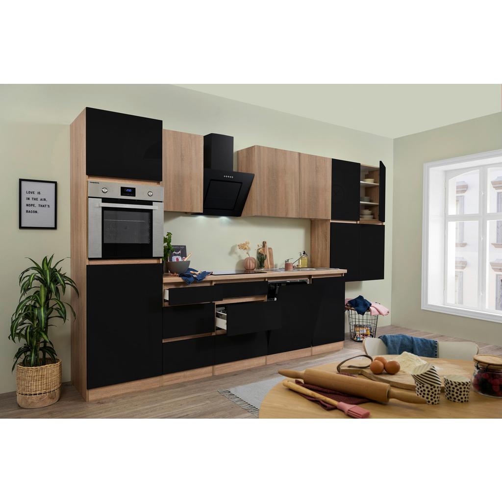 Küchenzeile Premium M. Geräten 380 Cm Schwarz/eiche Dekor