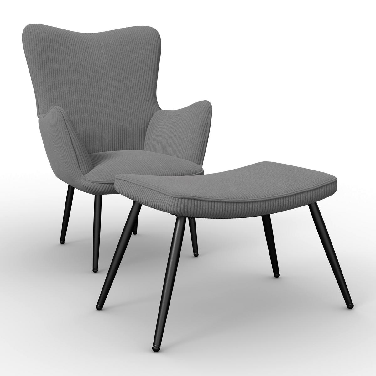 Kreslo s taburetkou AURORA, sivý menčester, max. 120 kg - čierna/sivá, Modern, kov/drevo (68/98/74cm) - Bessagi Home