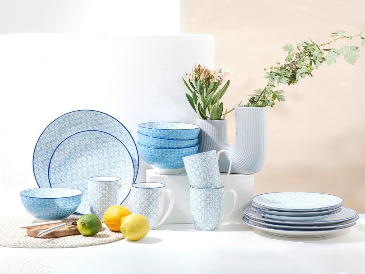 Kombiservice, 16-Teilig für 4 Personen, Steinzeug - Weiß/Hellblau, Basics, Keramik - Creatable