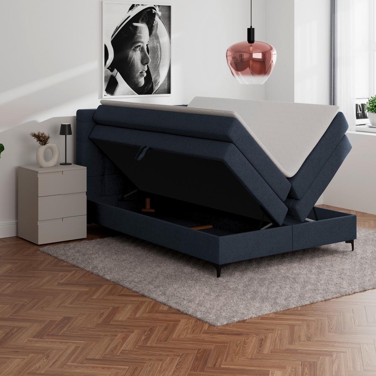 Boxspringbett MITTO Dunkelblau 140x200 cm - Schwarz/Dunkelblau, KONVENTIONELL, Textil/Metall (140/200cm)
