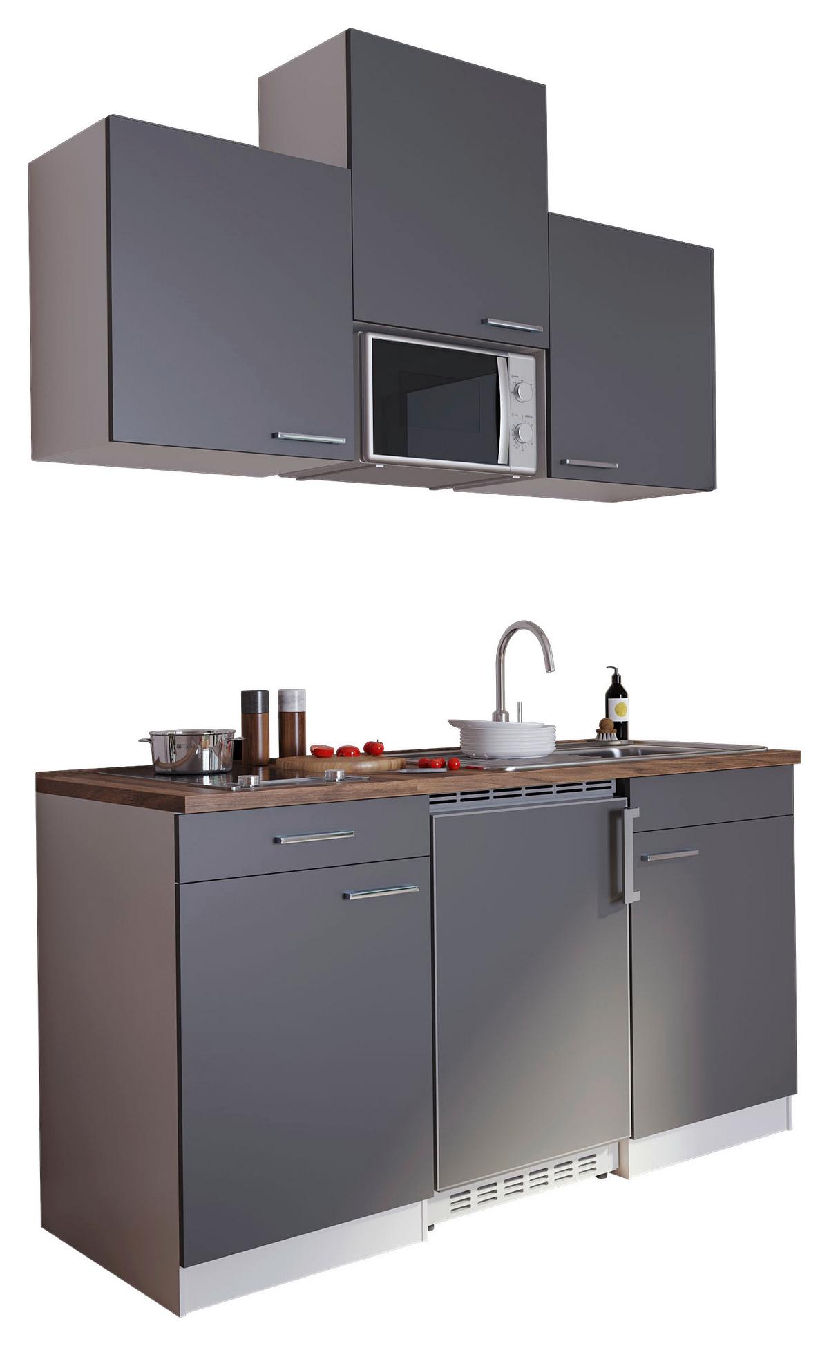 Miniküche Economy M. Geräten 150 Cm Grau/nussbaum Dekor - Nussbaumfarben/Weiß, Basics, Holzwerkstoff (150cm) - Respekta