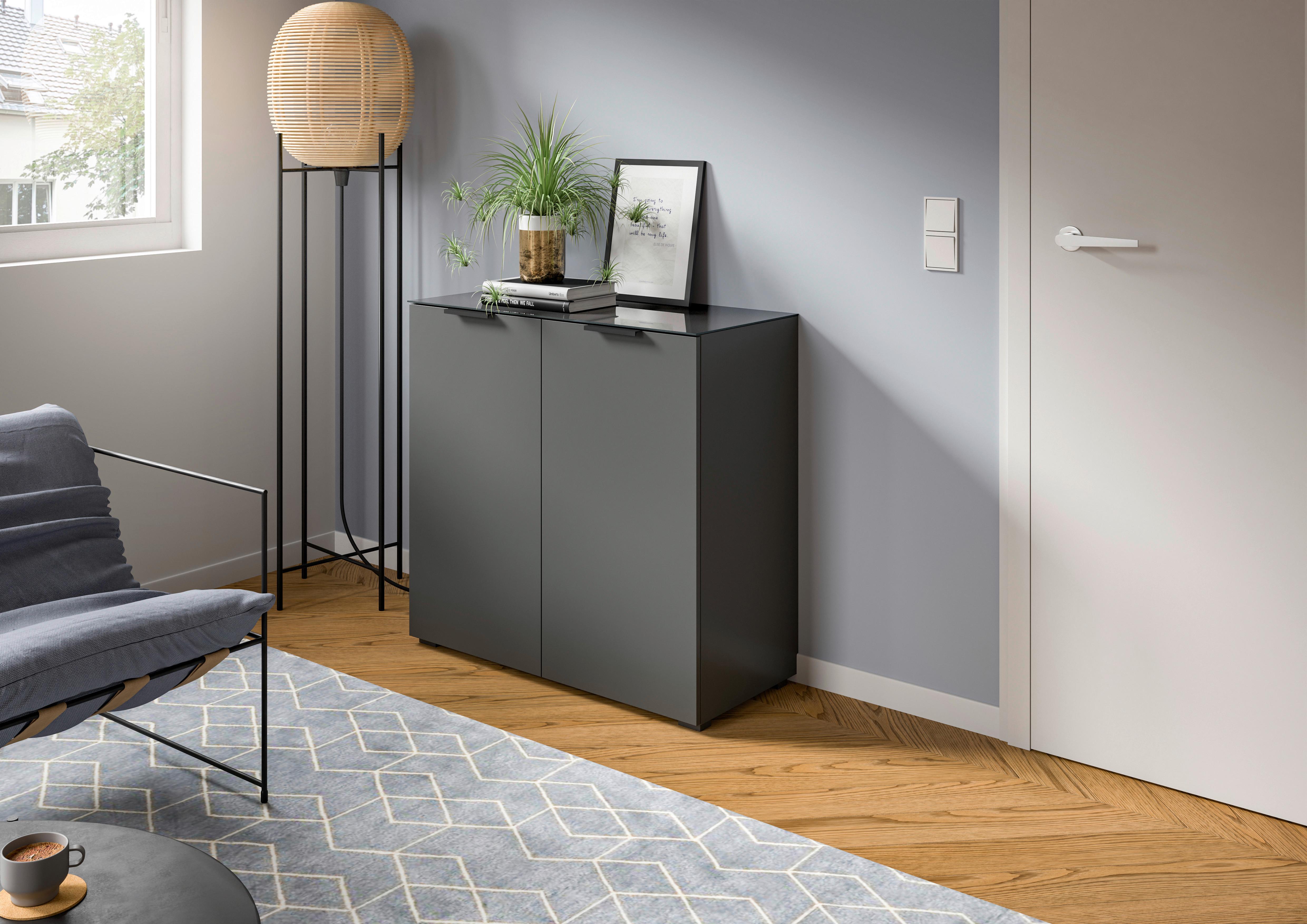 Kommode Ray Anthrazit B: 90 cm - Anthrazit, Design, Glas/Holzwerkstoff (90/86/40cm) - Livetastic
