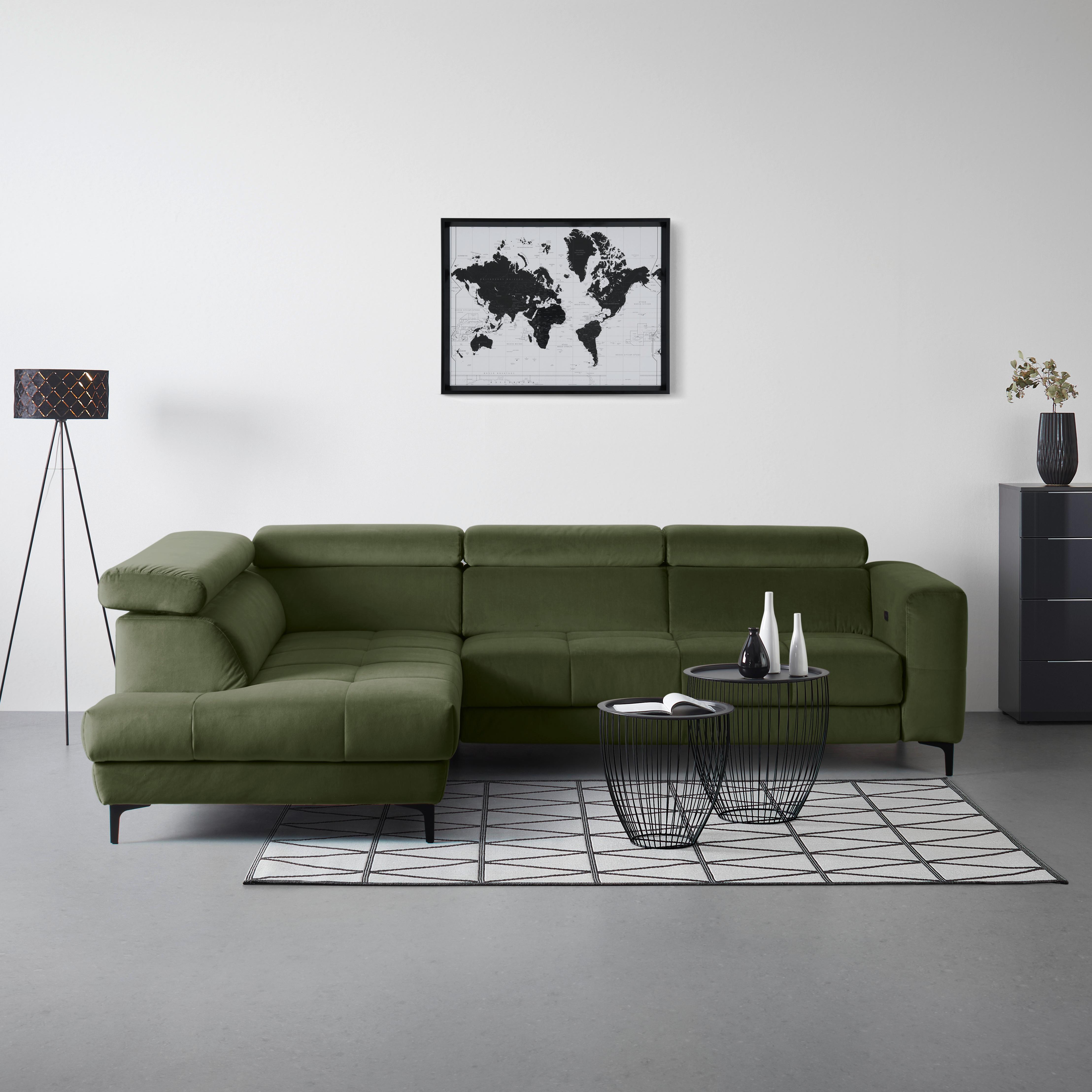 Rohová sedačka EMMA, levá, oliv.zel.,op.hl.,USB,el.výsuv - černá/olivově zelená, Moderní, textil (210/301cm) - Premium Living