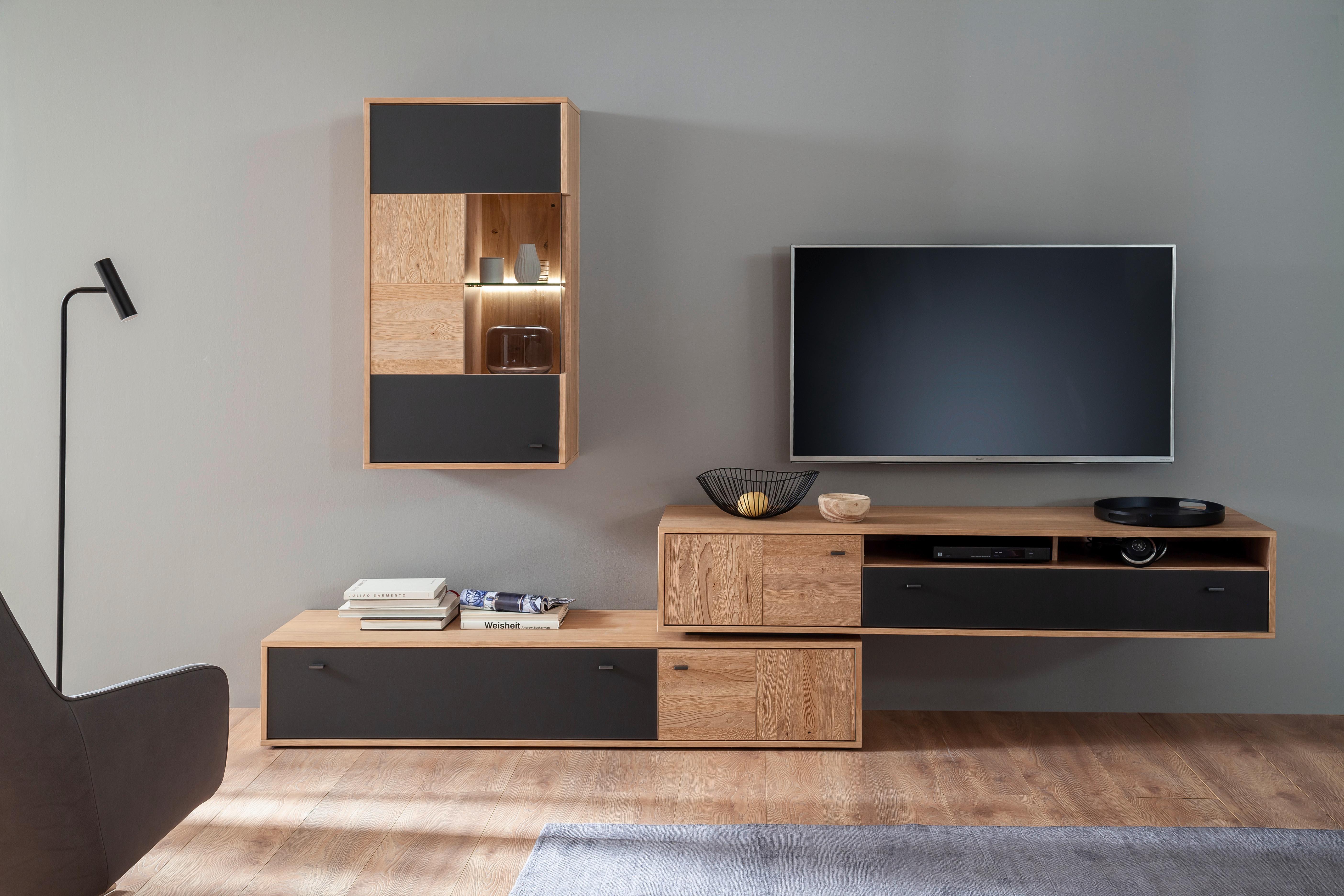 Wohnkombination teilmassiv 2tlg. Valencia Anthrazit/Eiche - Eiche Bianco/Anthrazit, Design, Glas/Holz (306/198/50cm) - MID.YOU
