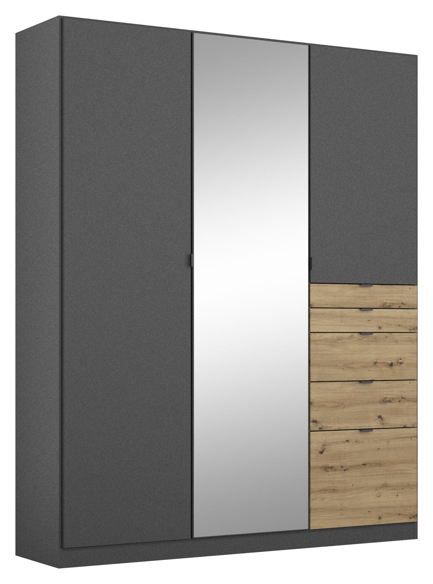 Drehtürenschrank mit Spiegel + Laden 136 cm Ontario, Grau - Eichefarben/Dunkelgrau, MODERN, Holzwerkstoff (136/197/54cm)