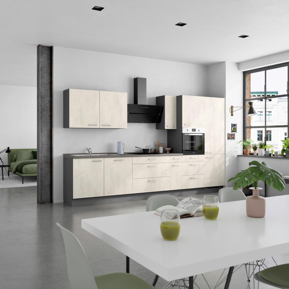 Kuchynská linka 360CM biely betón/ bridlicová šedá - biela/farba ušľachtilej ocele, Modern, kov/kompozitné drevo (360cm) - Nobilia