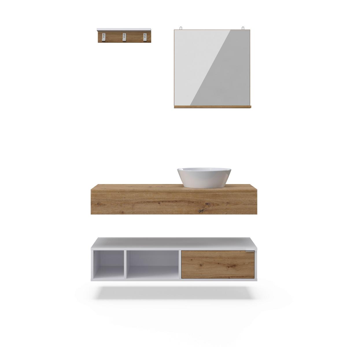 Koupelna Wick 5 -dílná přírodní/bílá - bílá/přírodní barvy, Moderní, kov/kompozitní dřevo - Bessagi Home