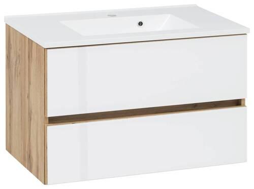 Waschbecken mit Unterschrank B: 80 cm Weiß/Eiche Dekor - Eichefarben/Weiß, KONVENTIONELL, Glas/Holzwerkstoff (80cm) - Held