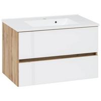 Waschbecken Mit Unterschrank B: 80 Cm Weiß/eiche Dekor - Eichefarben/Weiß, KONVENTIONELL, Glas/Holzwerkstoff (80cm) - Held