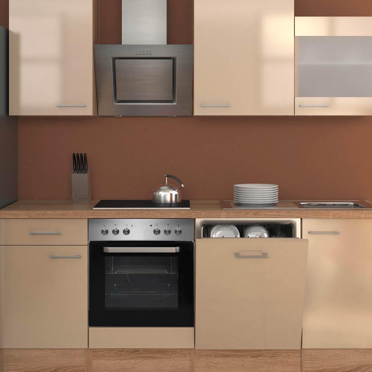 Küchenzeile Nepal mit Geräten 220 cm Kaschmir/Eiche Dekor - Kaschmir/Sonoma Eiche, MODERN, Glas/Holzwerkstoff (220cm) - FlexWell