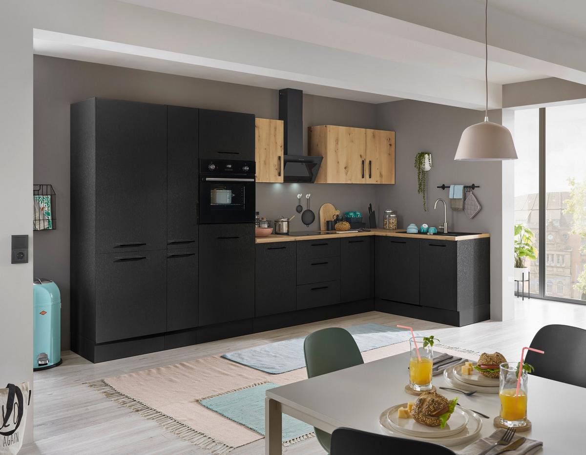 Eckküche Turin Schwarz/eiche Dekor 370x175 Cm - Schwarz/Eiche Artisan, Basics, Holzwerkstoff (370/175cm) - MID.YOU