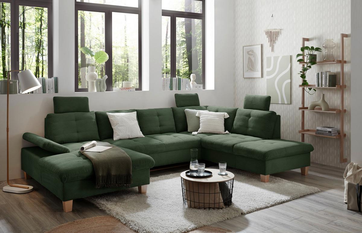 Wohnlandschaft Ascot Dunklegrün U: 170x324x220 Cm - Dunkelgrün/Eichefarben, KONVENTIONELL, Textil (170/324/220cm) - MID.YOU